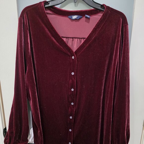 Lands' End Plus Size 2X Burgundy Velvet Button-Up Blouse - Picture 1 of 12